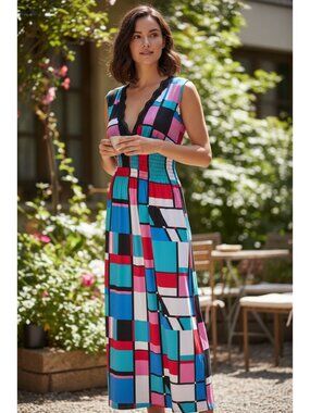 Julia Maxi Dress multicolor V Neck smocked waist sleeveless Silk Blend size M/L